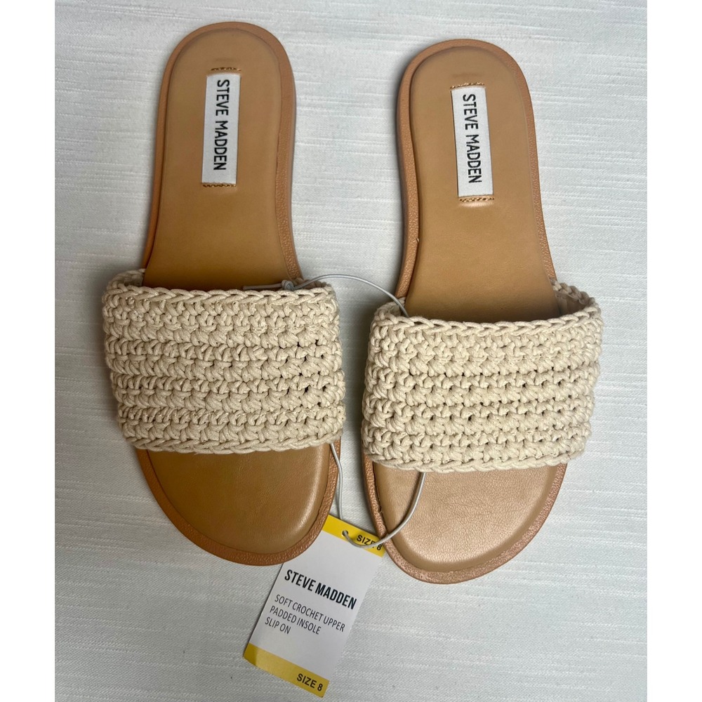 Steve Madden Tannah Crochet Slide Sandals Natural Cream Tan Flat Slip On Women 8 - Picture 5 of 10